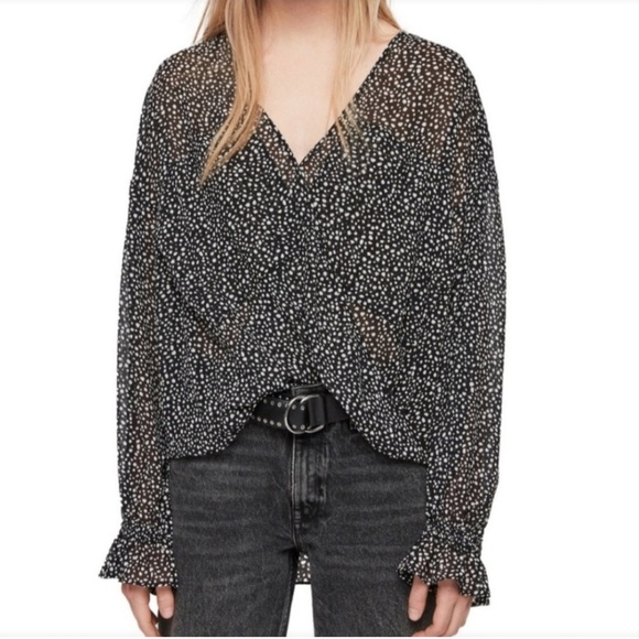 All Saints Penny Splash v-neck long sleeve polka dot draped sheer top L - Picture 2 of 7